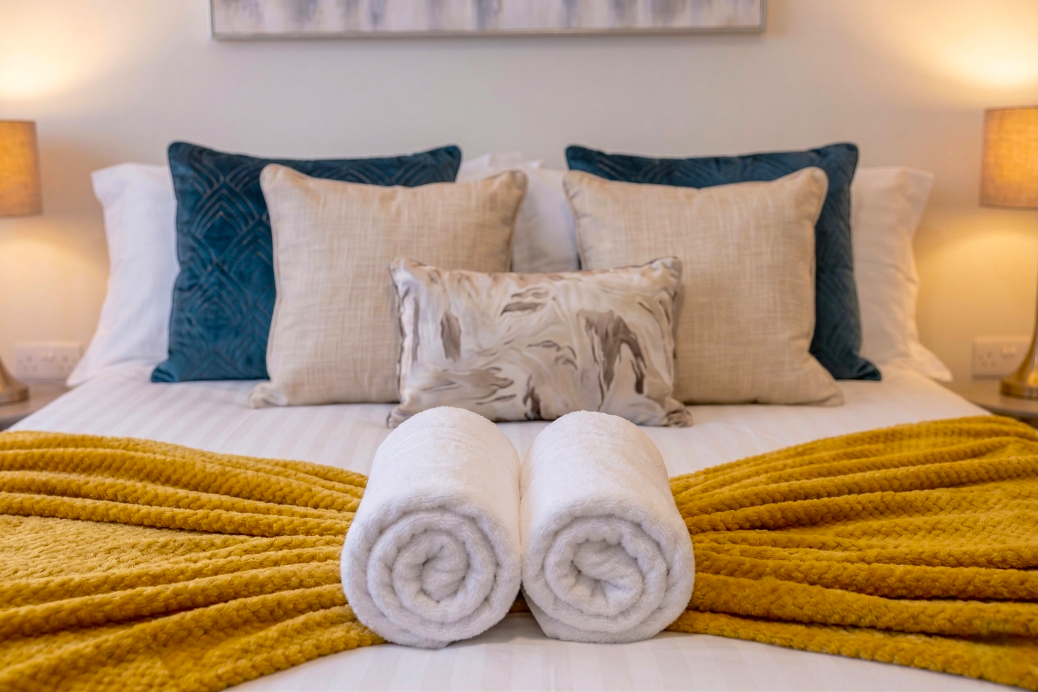 Styled bed detail with rolled towels