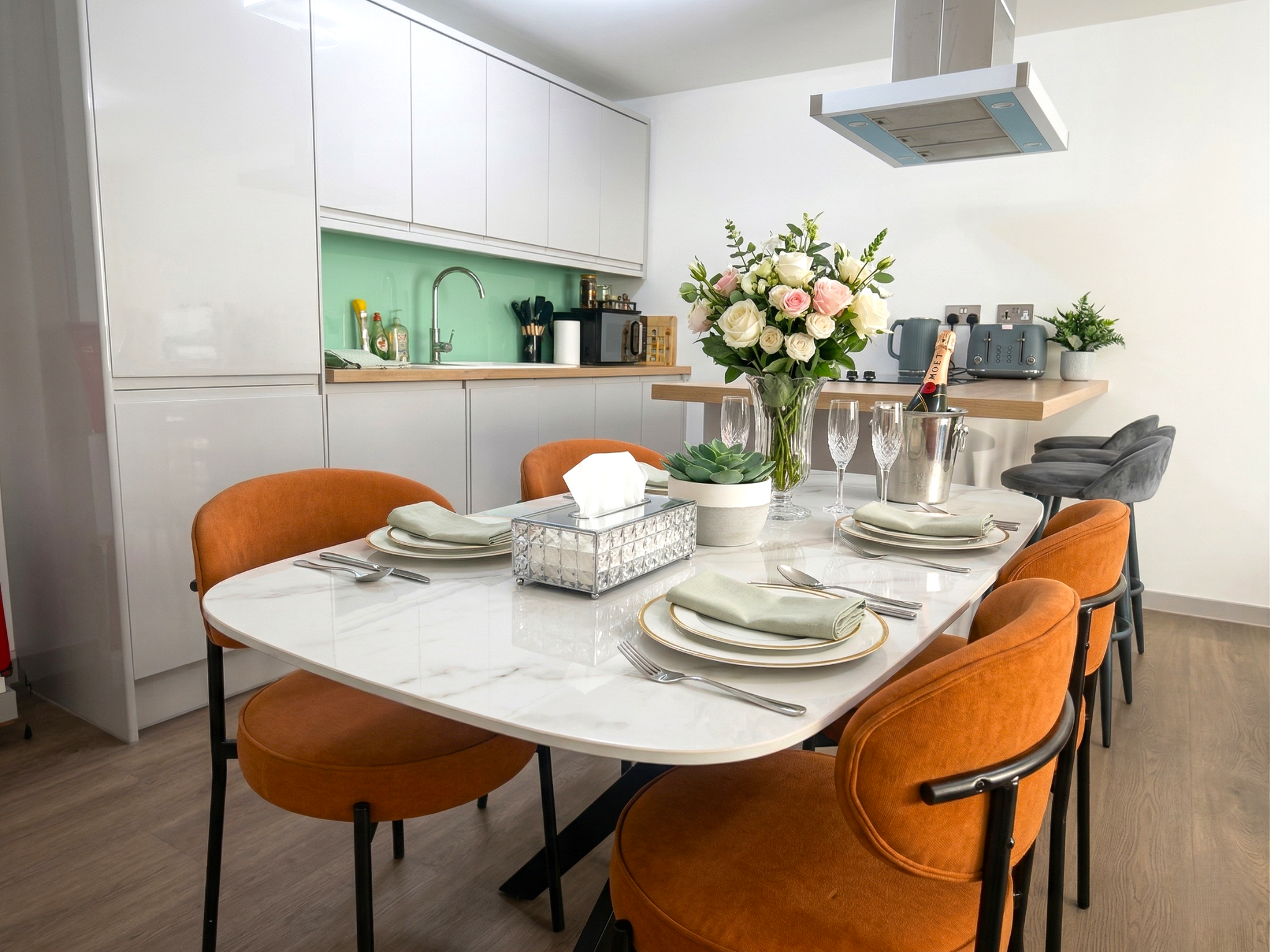 Modern kitchen and dining interior from a completed property